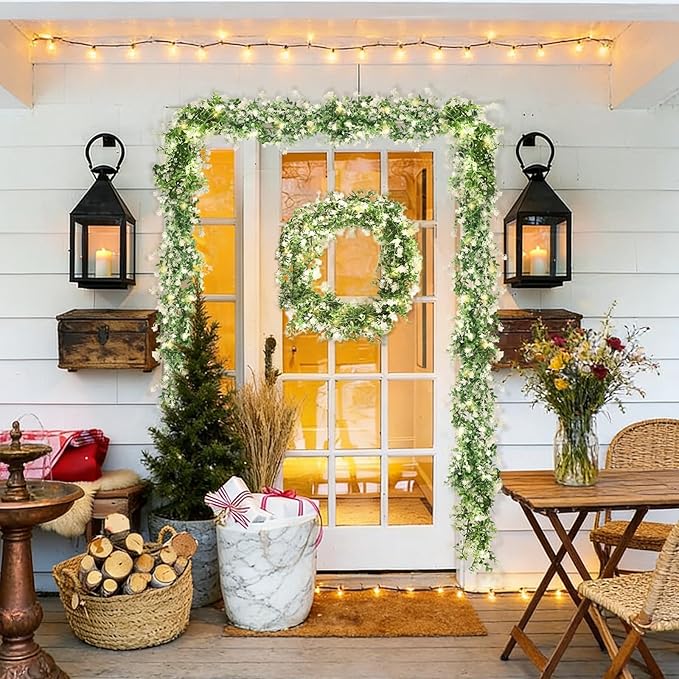 RECUTMS Greenery Vines Garland 3 Pack Artifical Garland with Lights Hanging Greenery Table Garland Greenery Artificial Green Leaves for Mantel Wedding Backdrop Arch Wall Indoor Outdoor Decor(White)