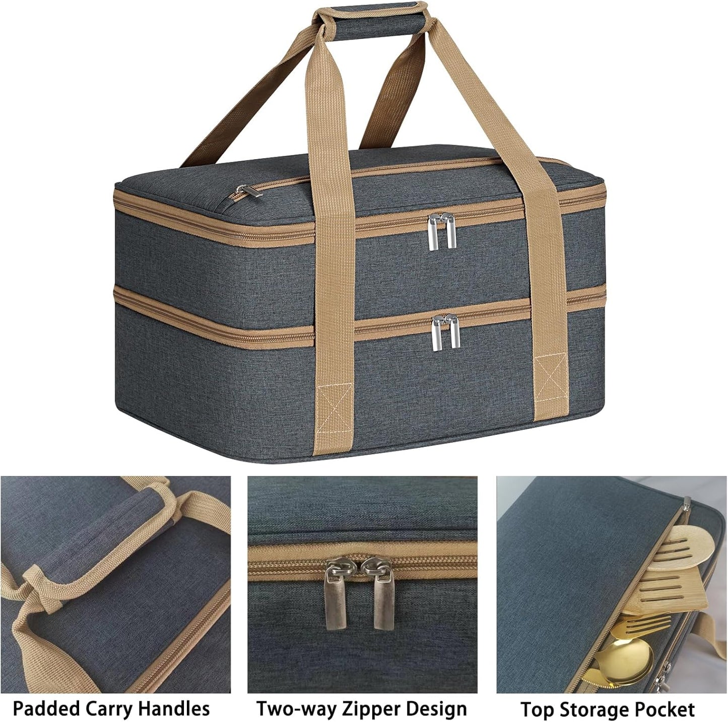 Double Insulated Casserole Carrier with Zipper Pockets, Casserole Carriers for Hot or Cold Food, Thermal Lunch Tote for Parties, Picnics, Beach, Traveling, Fits 11 x 15 or 9 x 13 Baking Dish