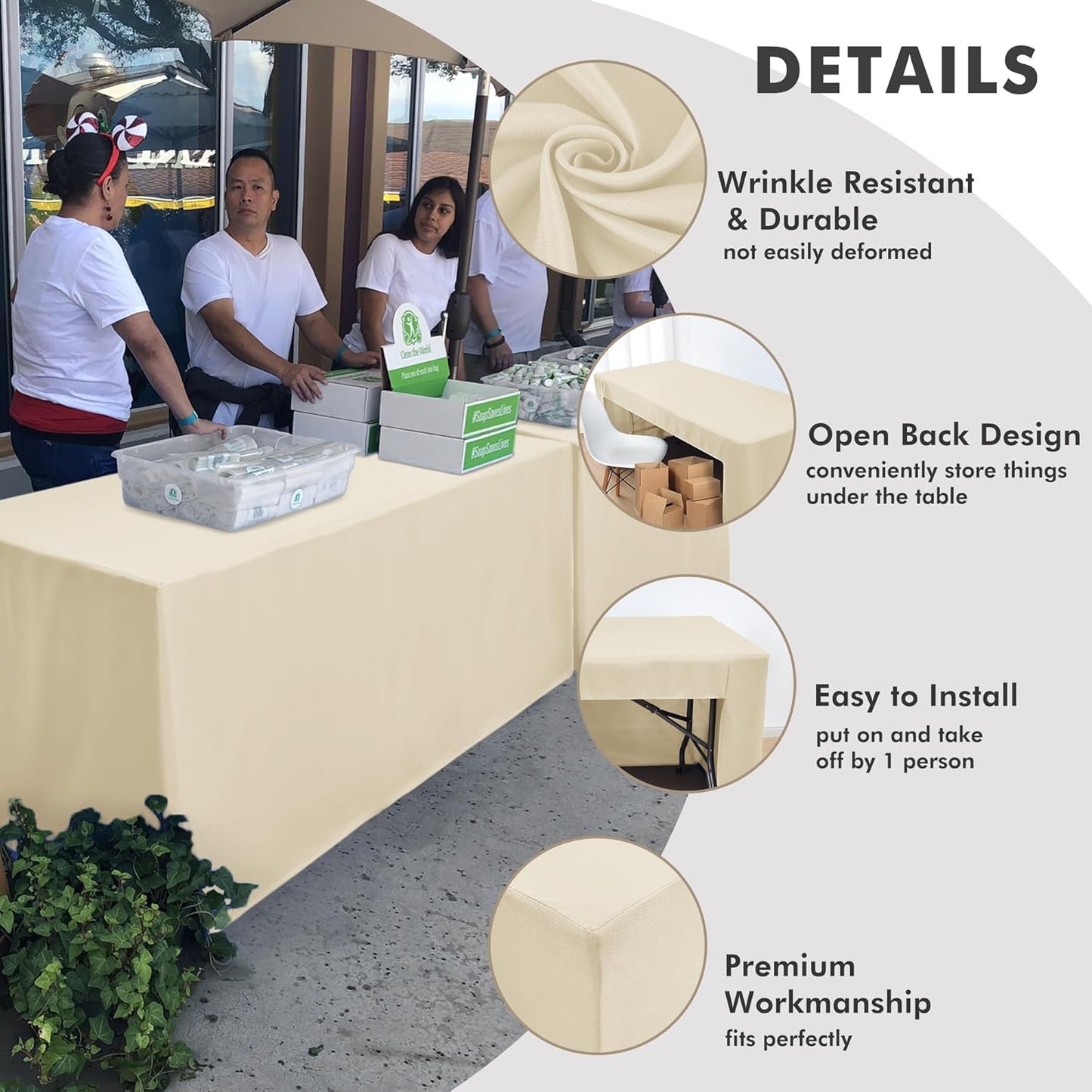 Nasitos 2 Pack Beige 6ft Table Cloth Fitted-Open Back Folding Fabric Table Cover Washable Table Cloth for Rectangular Table, Trade Show, Parties, Wedding, Banquet, Buffet, Jewelry Shows, Craft Fair