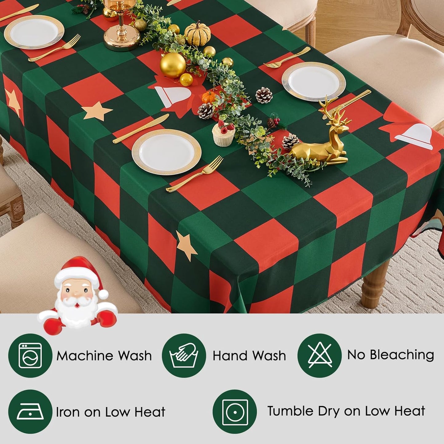 Christmas Tablecloth Rectangular 60x84 Inch Waterproof, Machine Washable Checkered Polyester Table Cover for Xmas Party, Winter Holiday Home Decoration in Festive Checkered Star 1pack