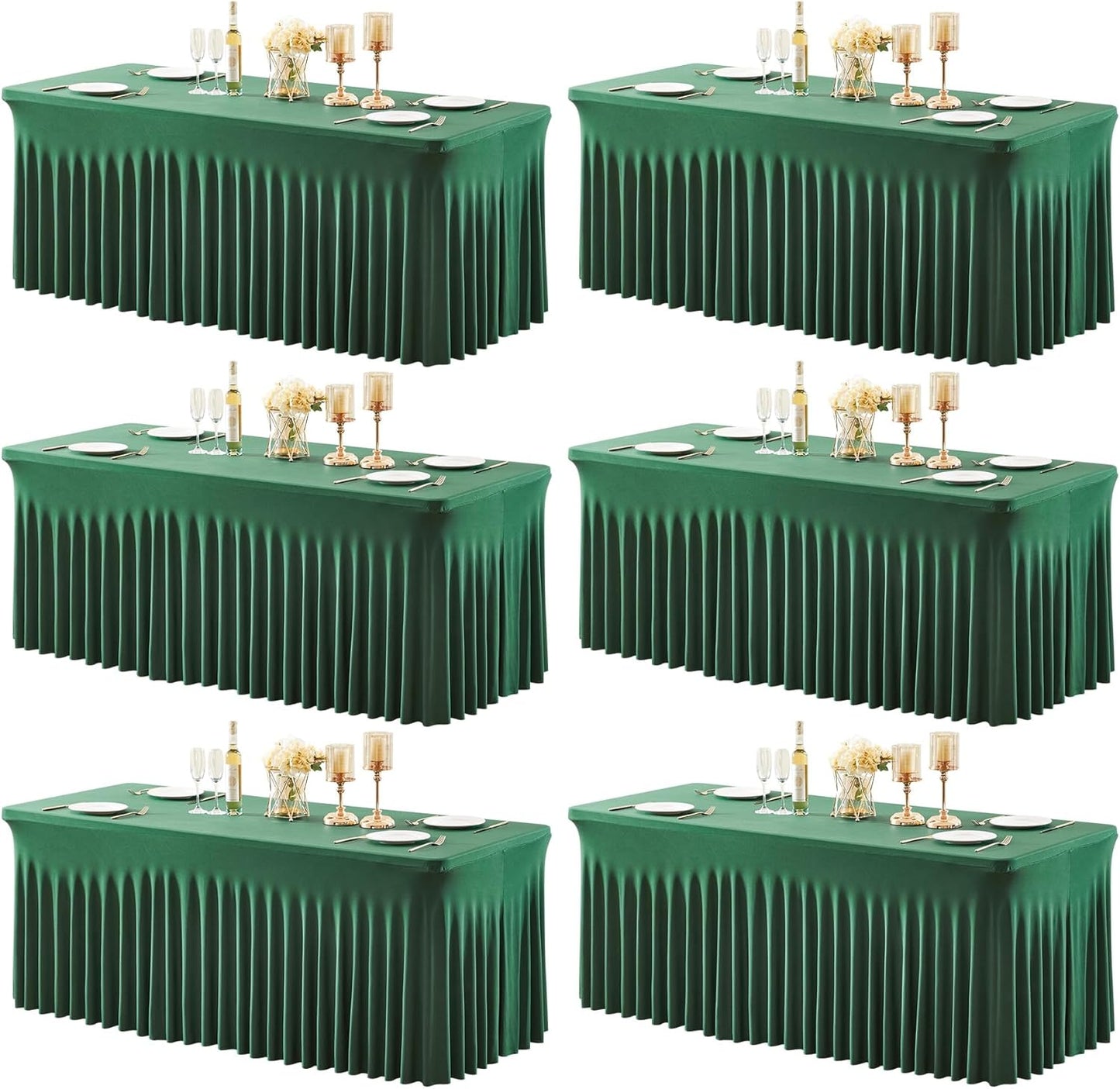 6 Packs Green Spandex Tableclothes for 8 Foot Rectangle Table, Spandex Table Covers 8FT Stretch Christmas Table Skirts Wrinkle Free Fitted Table Cover for Christmas, Wedding, Banquet & Parties