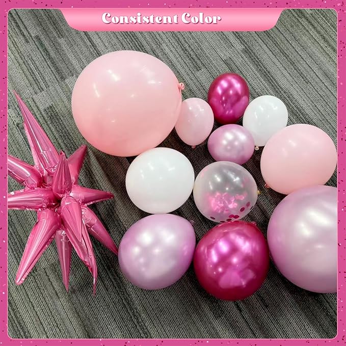 Pink Balloon Garland Arch Kit, 140Pcs Hot Light Metallic Pastel Pink White Confetti Balloons With Stars for Birthday Valentines Day Birdal Shower Wedding Gender Reveal Graduation Party Decorations