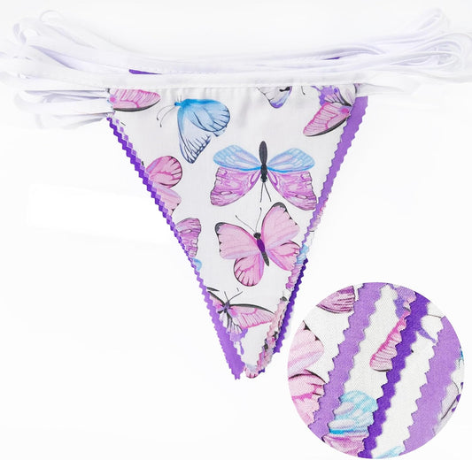 32Ft Pink Purple Butterfly Triangle Flag Fabric Banner Pennant Garland Streamer for Birthday Wedding Baby Shower Lavender Mermaid Girls Tea Party Decor
