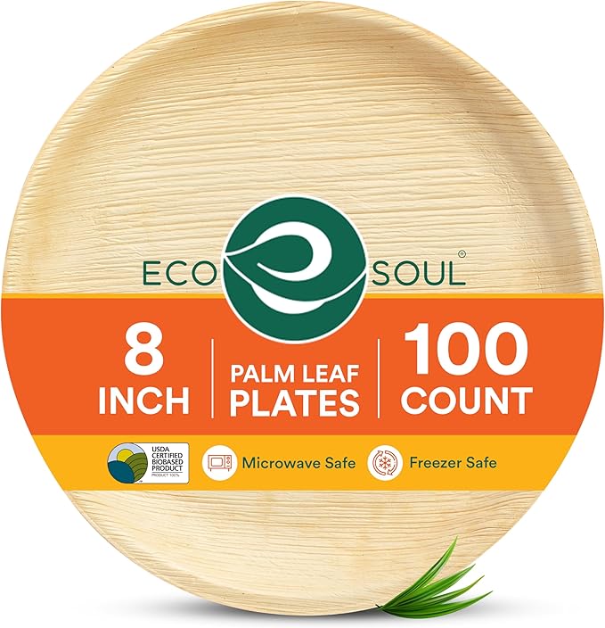 ECO SOUL 8 Inch Disposable Palm Leaf Plates [100 Pack] Premium Food-Safe Heavy Duty Compostable Bamboo Paper Plates for Lunch, Dinner, Birthday, Weddings, Party, Camping & Catering Events [Round]