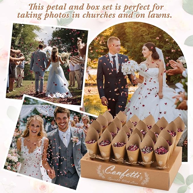 1 Sets Wedding Confetti Cones with 150g (5.29 Oz) Biodegradable Dried Flowers Rose Petal - 30 Kraft Paper Cones, Tray & Stickers for Wedding, Bridal Shower, Engagement Party, Baby Shower