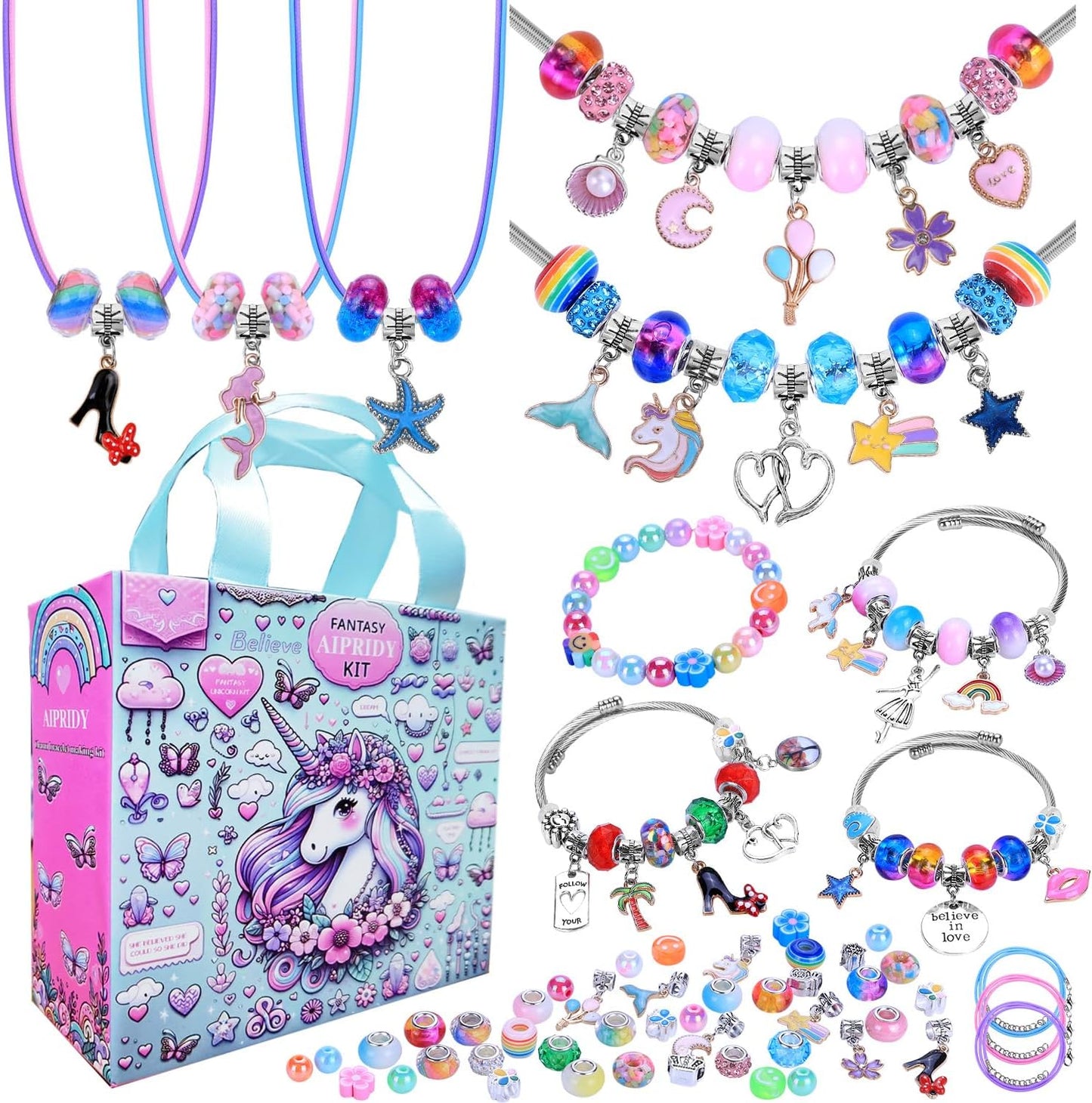 AIPRIDY 208 Pieces Charm Bracelet Making Kit,Unicorn Mermaid Crafts Gifts Set Can Inspires Imagination and Creativity,Jewelry Making Kit Perfect Gifts for Girls 5-12 Years Old (Pink+Aqua Unicorn)