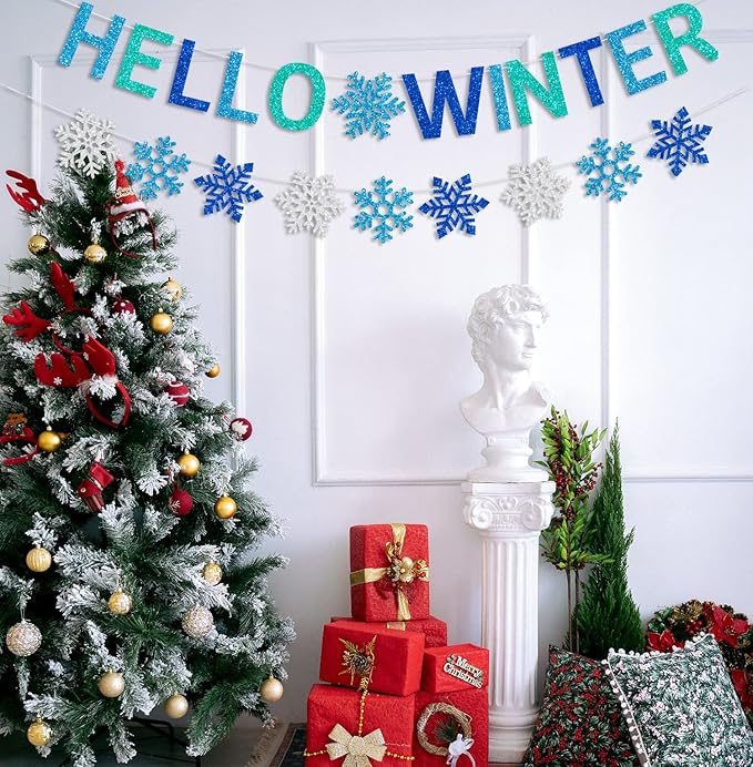 Glittery Hello Winter Banner White Blue Snowflake Banner Winter Wonderland Baby Shower Decorations Christmas Winter Holiday Party Decorations