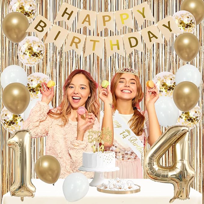 Trgowaul 14th Birthday Decorations for Girls, Banner, Sash and Crown, Cake Topper, 14 Number Balloon, Fringe Curtains, Champagne Gold 14th Birthday Party Supplies