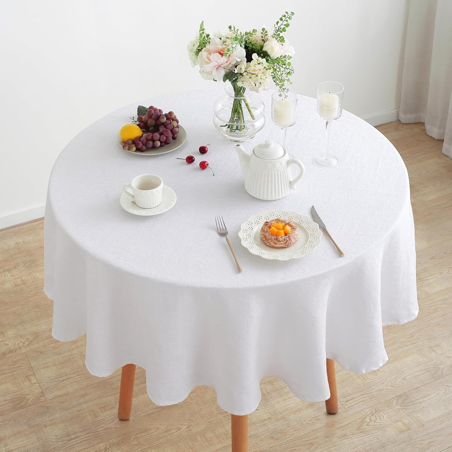 Linen World Linen Tablecloth,100% French Linen Round Tablecloth 60" Inch,Washable White Tablecloth for Dining,Outdoor,Weddings and Restaurants,Decorative Thanksgiving Christmas