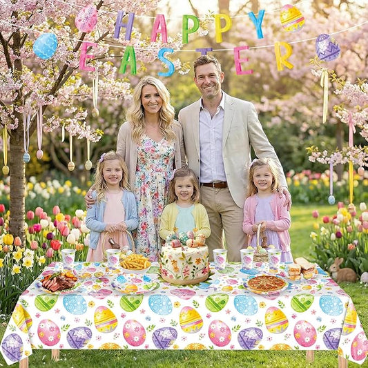 102 Pcs Easter Party Decorations Set - Spring Watercolor Eggs Paper Plates and Napkins Kit, Includes Happy Easter Banner, Plates, Napkins, Cups, Plastic Tablecloth for Easters Supplies Table Decor