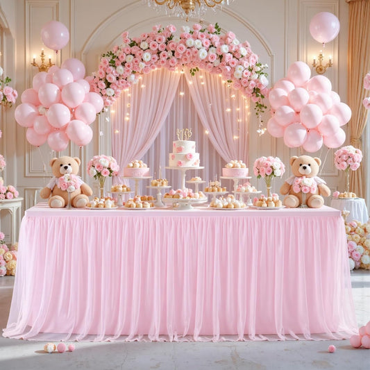 6 Pack 8ft Pink Tablecloths for Rectangle Tables, 8 Foot Pink Rectangular Table Cloth, Wrinkle Free Table Cover with Tutu Skirt for Baby Shower Girls Birthday Party Banquet Buffet Cake Decorations