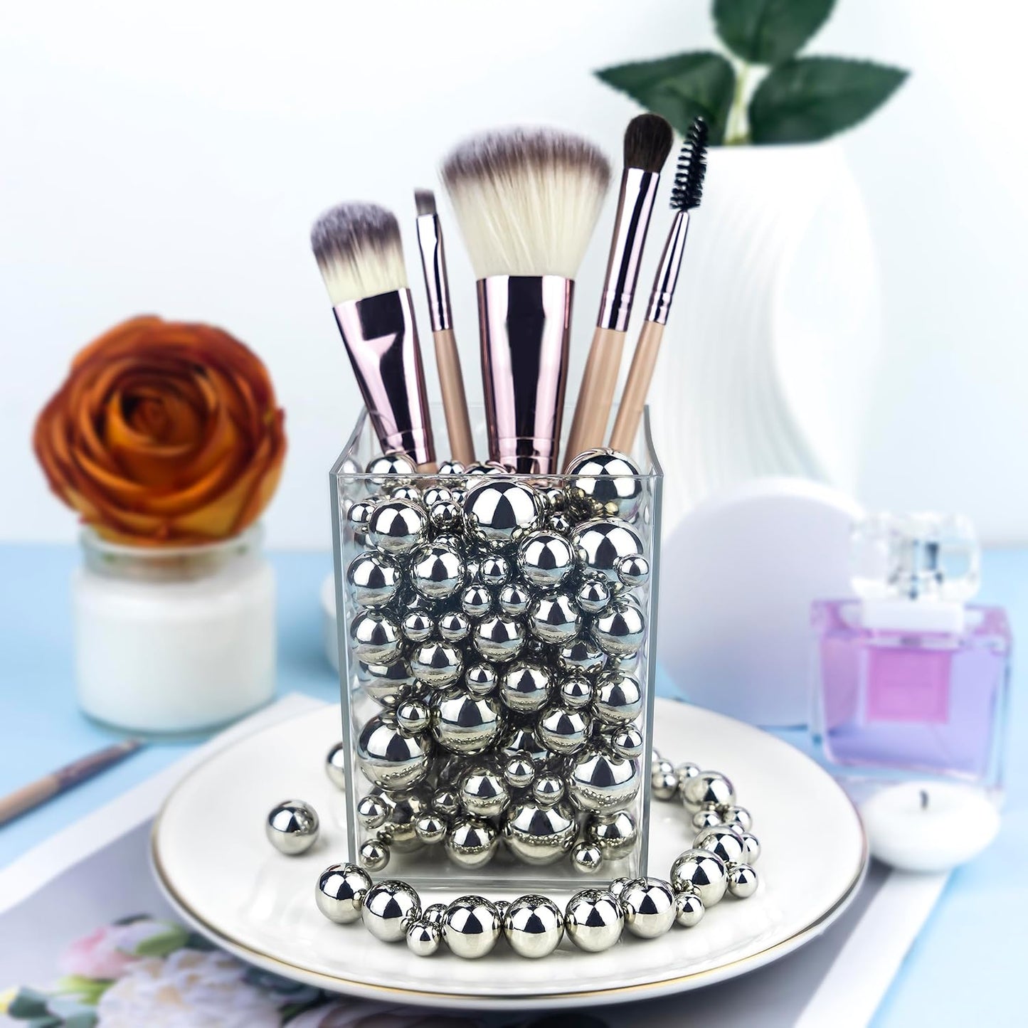 300Pcs Silver Polished No Hole Faux Pearl Beads for Vase Filling Decorations, Plastic Pearls Vase Fillers, Table Scatters, Wedding Centerpiece, Home Decor, 8/14/20 mm