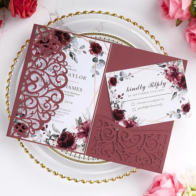 50PCS Burgundy Wedding Invitation Bridal Shower Invitations with Envelopes RSVP- Laser Cut, Personalized Paper Cards for Birthday Party Quince Anniversary