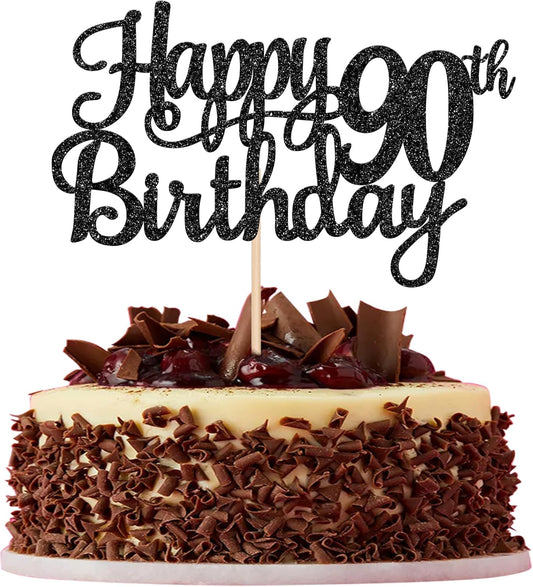1 PCS Happy 90th Birthday Cake Topper Glitter Cheers to 90 Years Birthday Cake Pick 90 Fabulous Cake Decoration for Happy 90th Birthday Theme Party Decorations Supplies Black
