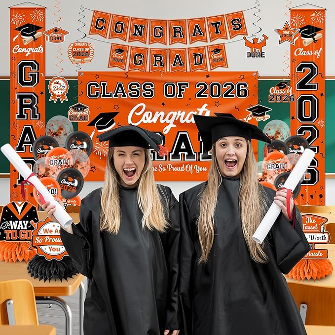 Graduation Decorations Class of 2026 Orange Graduation Party Decor Set include Congrats Grad Banner Backdrop Class of 2026 Balloons Party Supplies