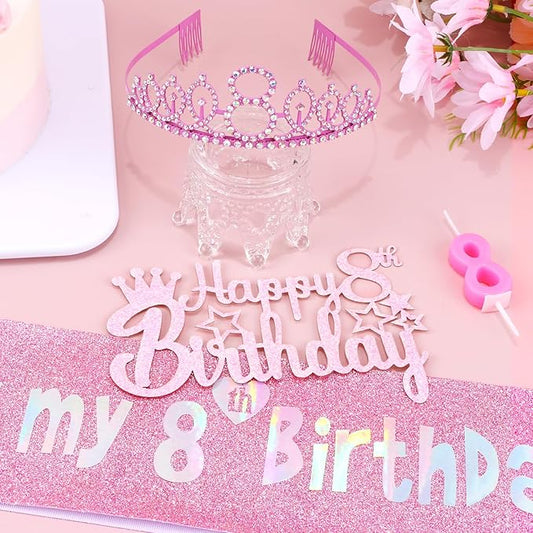 8th Birthday Party Decorations Set for Girls- Pink Crown, Glitter Sash, Number 8 Candle & Cake Topper Kit for Birthday Celebrations Party Supplies Gift