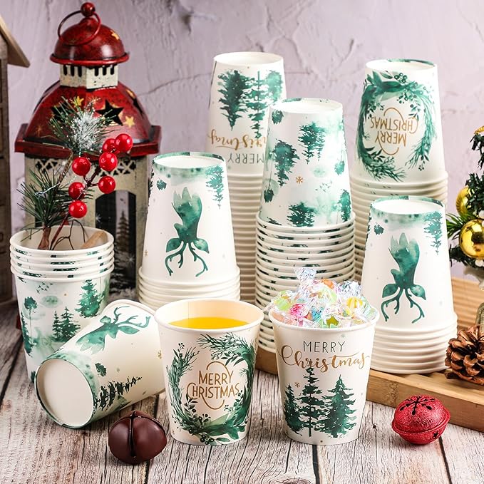 Funtery 100 Pieces Christmas Paper Disposable Cups Forest Landscape Design 9 Ounce Drinking Tea Christmas Paper Coffee Cups for Xmas Daily Use Holiday Party