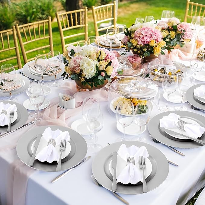 Tanlade 100 Pcs Charger Plates Set Bulk Include 50 Plastic Plate Chargers and 50 Napkin Rings 13" Round for Dinner Table Setting Wedding Baby Shower Decoration(Silver)