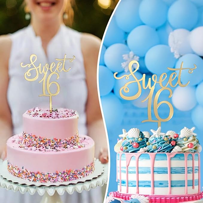 Shiny Acrylic Happy Sweet 16 Birthday Cake Topper, 7.5" x 6", Cheer to 16th Birthday Party Cake Decoration (Gold)