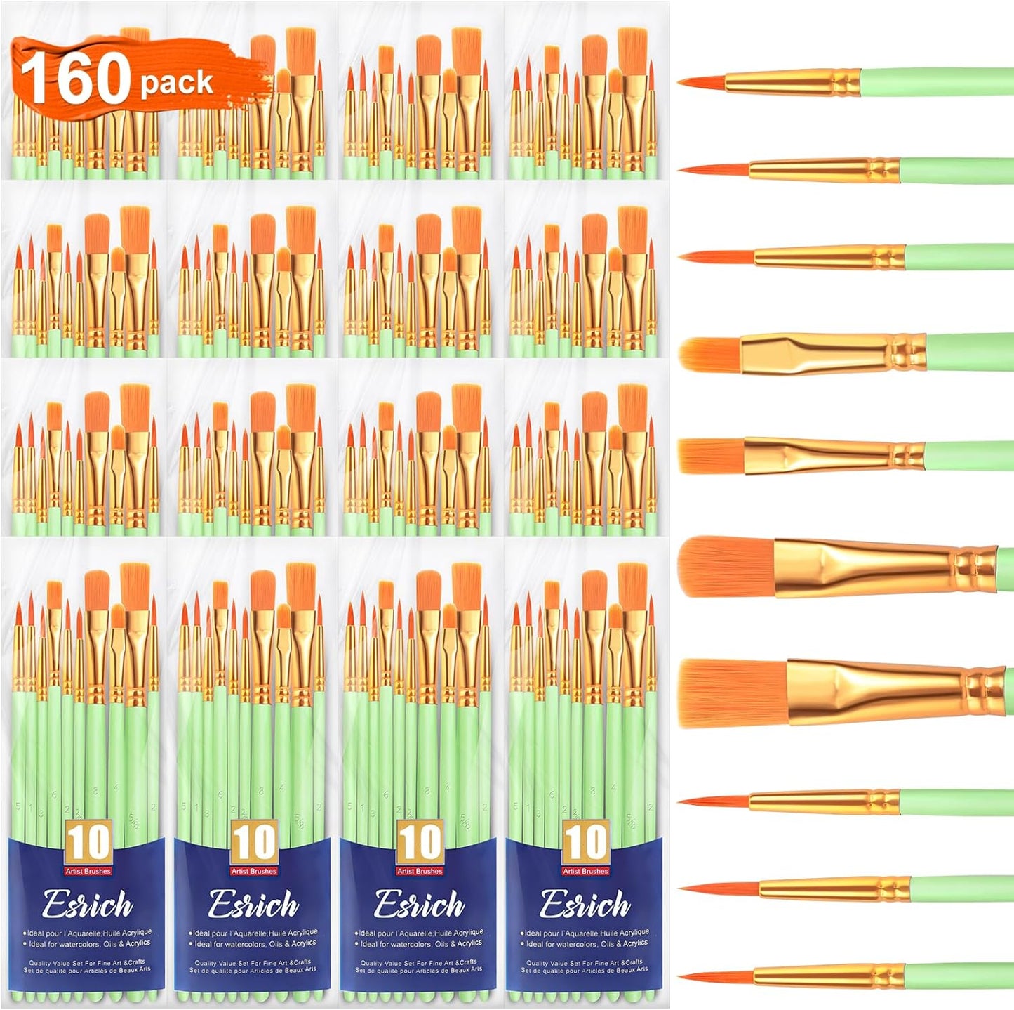 ESRICH Paint Brushes Set,16 Packs 160 Pcs Acrylic Paint Brush Set,Acrylic Oil Watercolor, Face Nail Art, Miniature Detailing,Rock Painting,Painting Artist Professional Kits(Green)