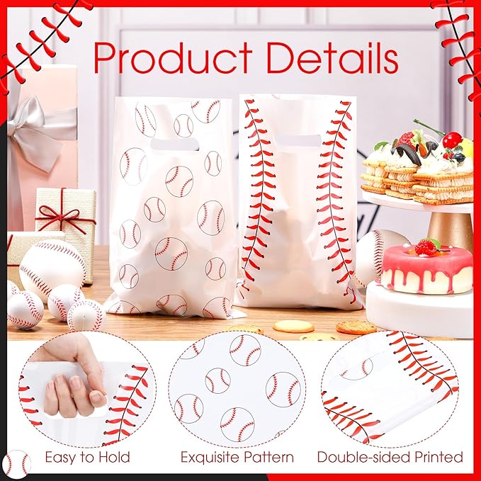 Frienda 100 Pcs Baseball Treat Bags with Handles, White Plastic Baseball Party Favors Bag Baseballs Snacks Bags for Candy Small Gifts, Team Events Birthday and Sports Celebrations Decorations