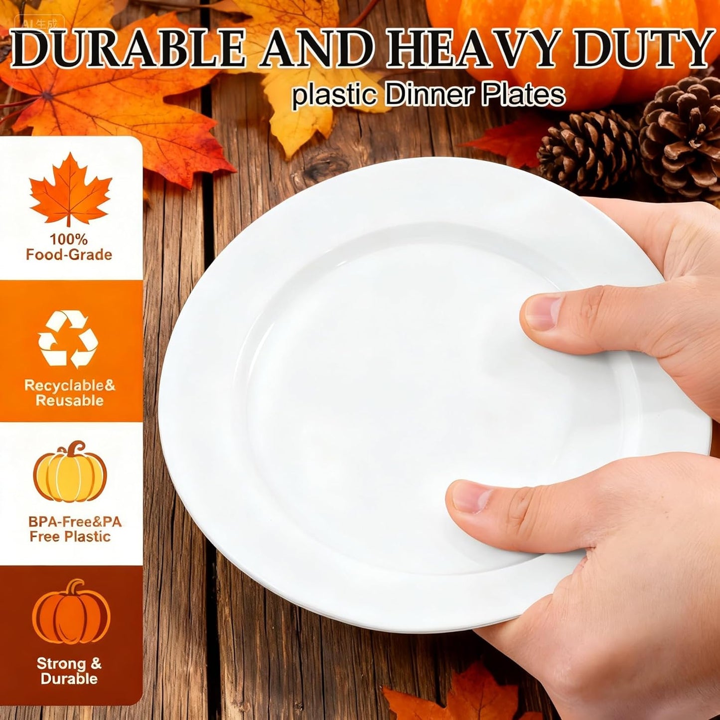 FLOWERCAT 200PCS White Plastic Plates Disposable Plates for Party - Heavy Duty Plastic Plates - 100 10" Dinner Plates and 100 7" Salad Plates for Christmas, Thanksgiving Parties and Events