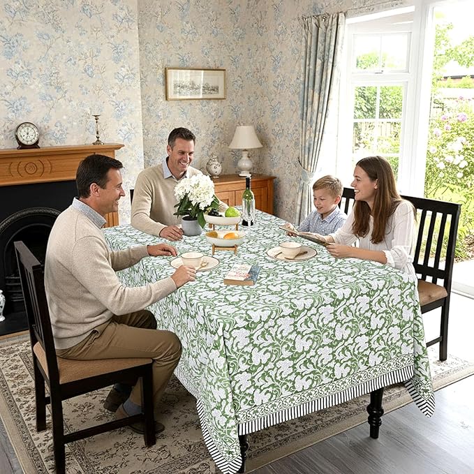 Ridhi Hand Block Print Sage Green Rectangle Cotton Tablecloth 108" x 60" Reusable Table Cover Decorative Everyday Use for Dining, Farmhouse, Home Gift for Spring, Easter, Valentine