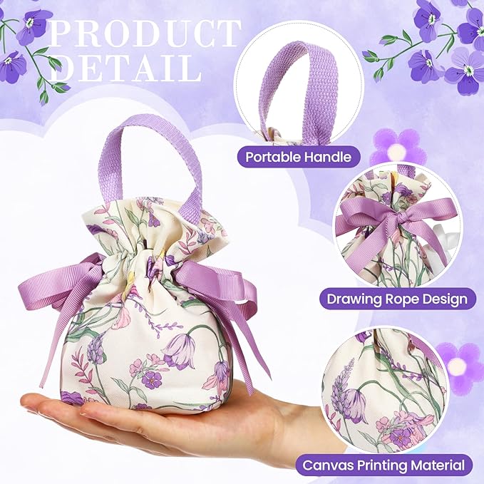 Liobelon 8 Pieces Floral Mini Gift Bags with Handles 14x9.5x6cm/5.5x3.7x2.3inch Canvas Candy Bag Tea Party Favor Bags for Party, Wedding, Bridal Shower, Valentine's Day, Mother's Day Jewelry Bag