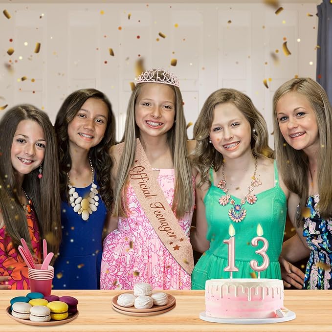 13th Birthday Decorations for Girls with Rose Gold Sash, Tiara,Numbers Candles, Sincere 13th Birthday Gifts for Girls