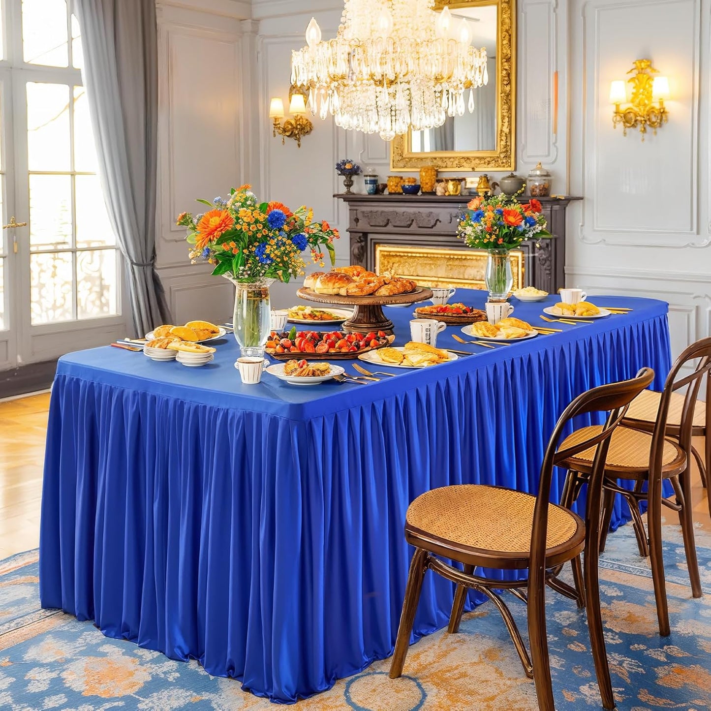 3 Pack Royal Blue Polyester Table Clothes for 6 Foot Rectangle Tables, Wrinkle Free Fitted Table Cover with Pleated Ruffle Table Skirt for Party Baby Shower Wedding Birthday Event Display