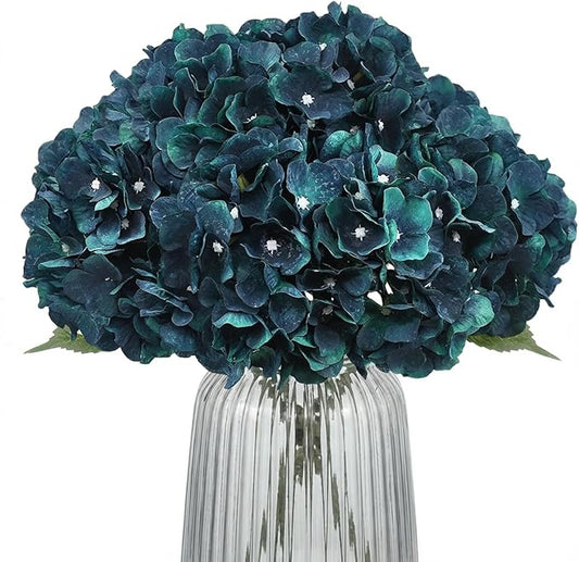 2Bouquets Artificial Fake Flowers Plants Silk Hydrangea Arrangements Wedding Bouquets Decorations Plastic Floral Home Kitchen Garden Party Festival Bar DIY((Dark Peacock Blue)
