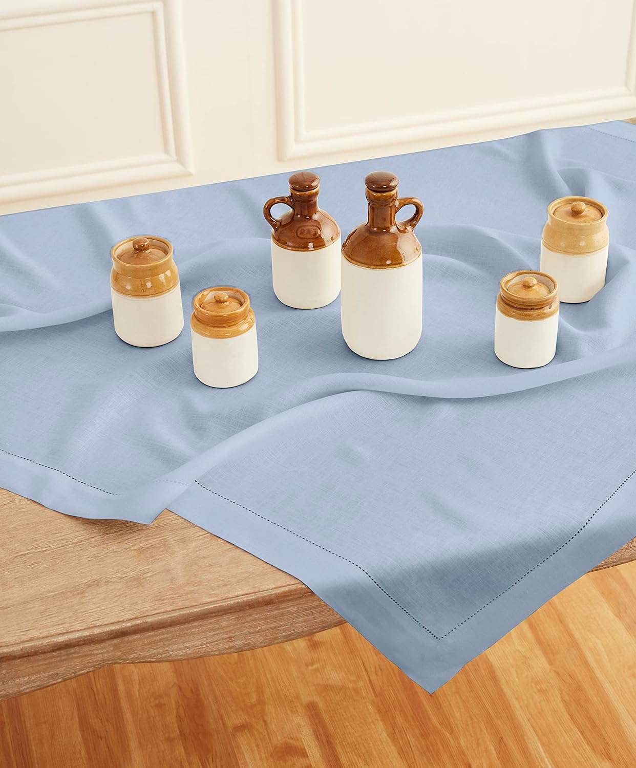 Solino Home Square Linen Tablecloth 52 x 52 Inch - 100% Pure Linen Sky Blue Table Throw - Classic Hemstitch, Machine Washable Table Cloth for Christmas