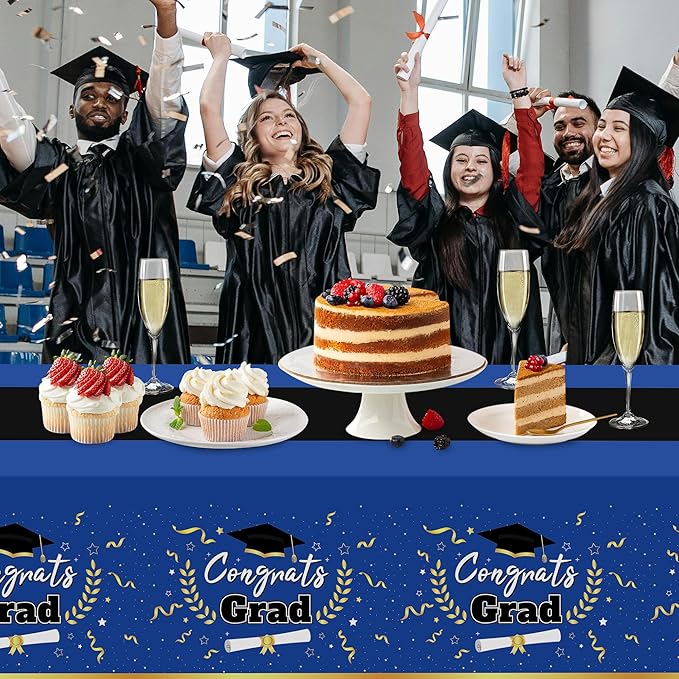 Childom 2 Pack Graduation Tablecloth,Graduation Decorations Class of 2026 Graduation Party Decorations,54"x108" Blue and Gold Plastic Table Cloth Disposable Rectangle for Home,School,Party Supplies