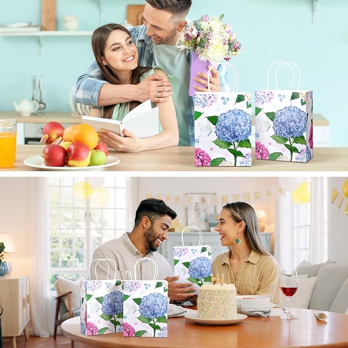 24 Pcs Floral Gift Bags Watercolor Hydrangea Paper Gift Bags with Handles Summer Party Favor Bag for Wedding Birthday Baby Shower