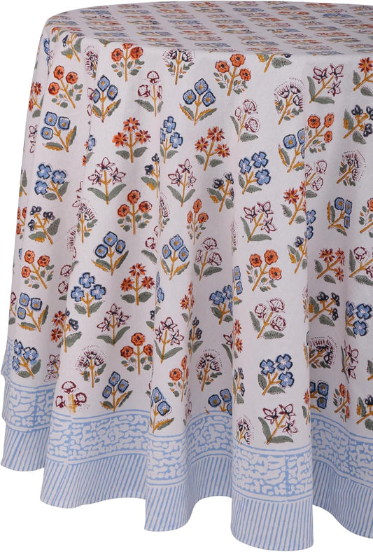 ATOSII Flora Bloom 100% Cotton Round Tablecloth, Handblock Print Floral Table Cloth for Kitchen Dining Linen I Parties, Weddings, Outdoors, Christmas, Thanksgiving I Fall Home Decor 60" Inches Round