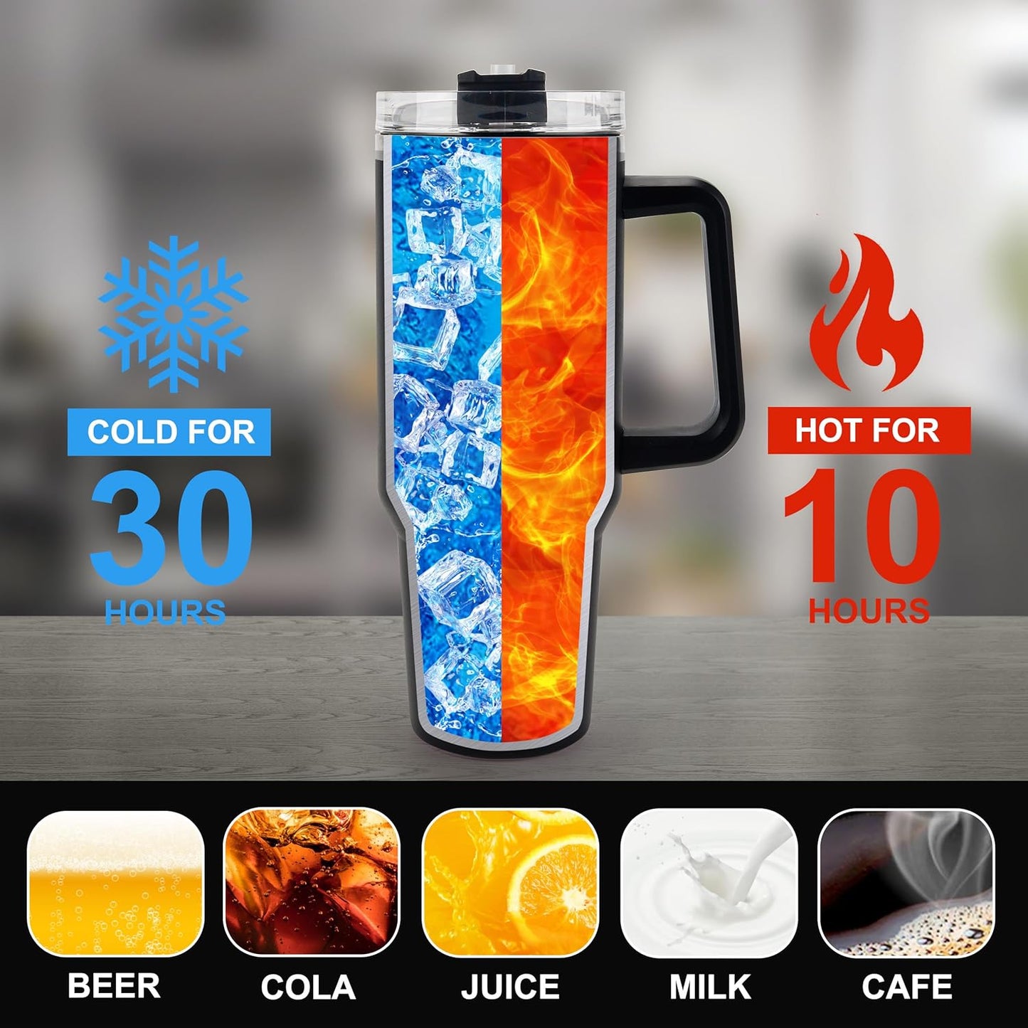 40 oz Tumbler with Handle and Straw Spill Proof Large Travel Coffee Mug Insulated Reusable Stainless Steel Cup with Lid Fit for Car Cup Holder (Black)
