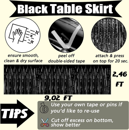 6 Pack 29x108 Inch Black Metallic Foil Fringe Table Skirts Banner for Tinsel Streamer Garland Curtains Backdrop for Parade Floats Wedding Baby Shower Birthday Christmas Halloween Party Decoration