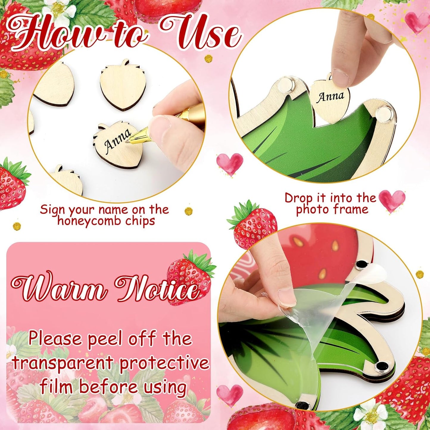 Wenqik 63 Pcs Strawberry Baby Shower Guest Book Alternatives Set Baby Shower Decorations with Photo Frame Sonogram Frame Keepsake 60 Wood Slices Guest Book for Birthday