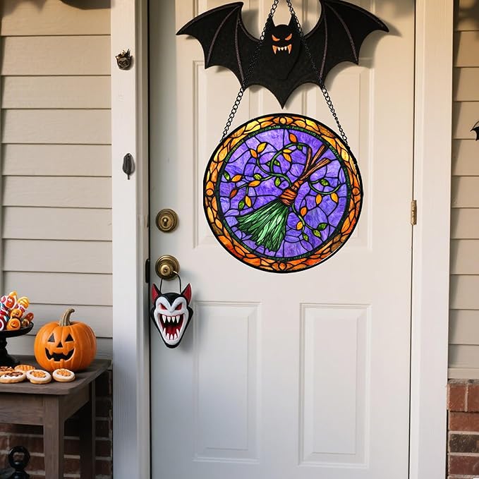 Stained Glass Window Hanging - Halloween Decorations Witch Magic Broom Suncatcher for Doors Garden Spooky Funny Purple Sun Catchers Gothic Decor Horror Gifts for Women Men Friend 7.8 in