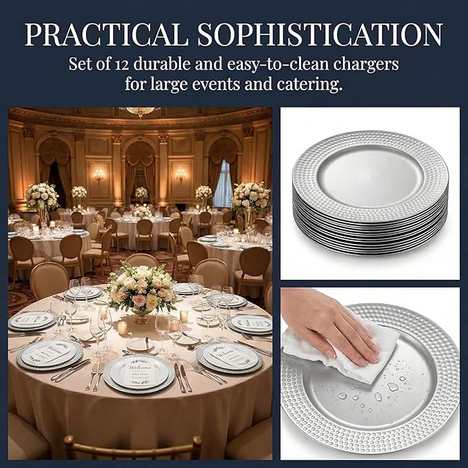 Nicunom Silver Charger Plates Set of 12, Round Charger Plates with Hammered Rim, 13 Inch Plastic Charger Plate for Wedding Dinner Party Event Decoration