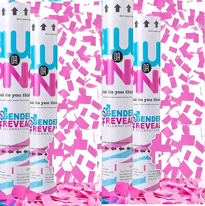 Gender Reveal Cannons - Girl Surprise! Set of 4 Biodegradable Confetti, 12 Inches Pink Confetti Cannon, Easy to Use Indoor & Outdoor Gender Reveal Cannon with Matching Stickers