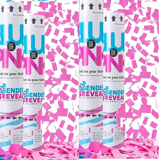 Gender Reveal Cannons - Girl Surprise! Set of 4 Biodegradable Confetti, 12 Inches Pink Confetti Cannon, Easy to Use Indoor & Outdoor Gender Reveal Cannon with Matching Stickers