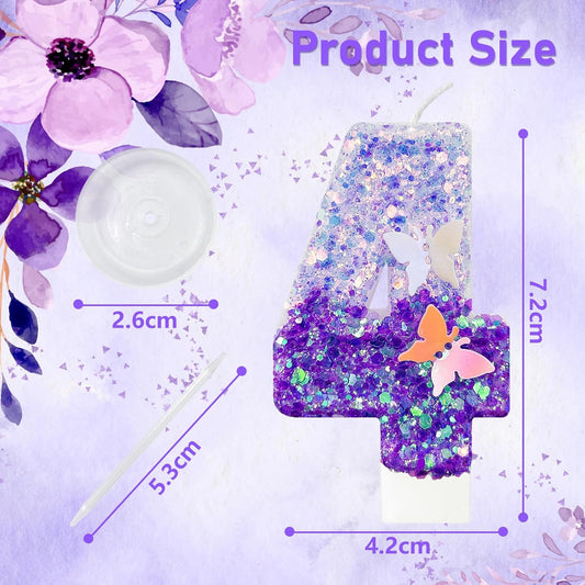 4Th Birthday Candle for Cake，Butterfly Cake Toppers，Butterfly Birthday Decorations，Purple Birthday Candles，for Birthdays,Theme Parties, Celebration, Anniversary