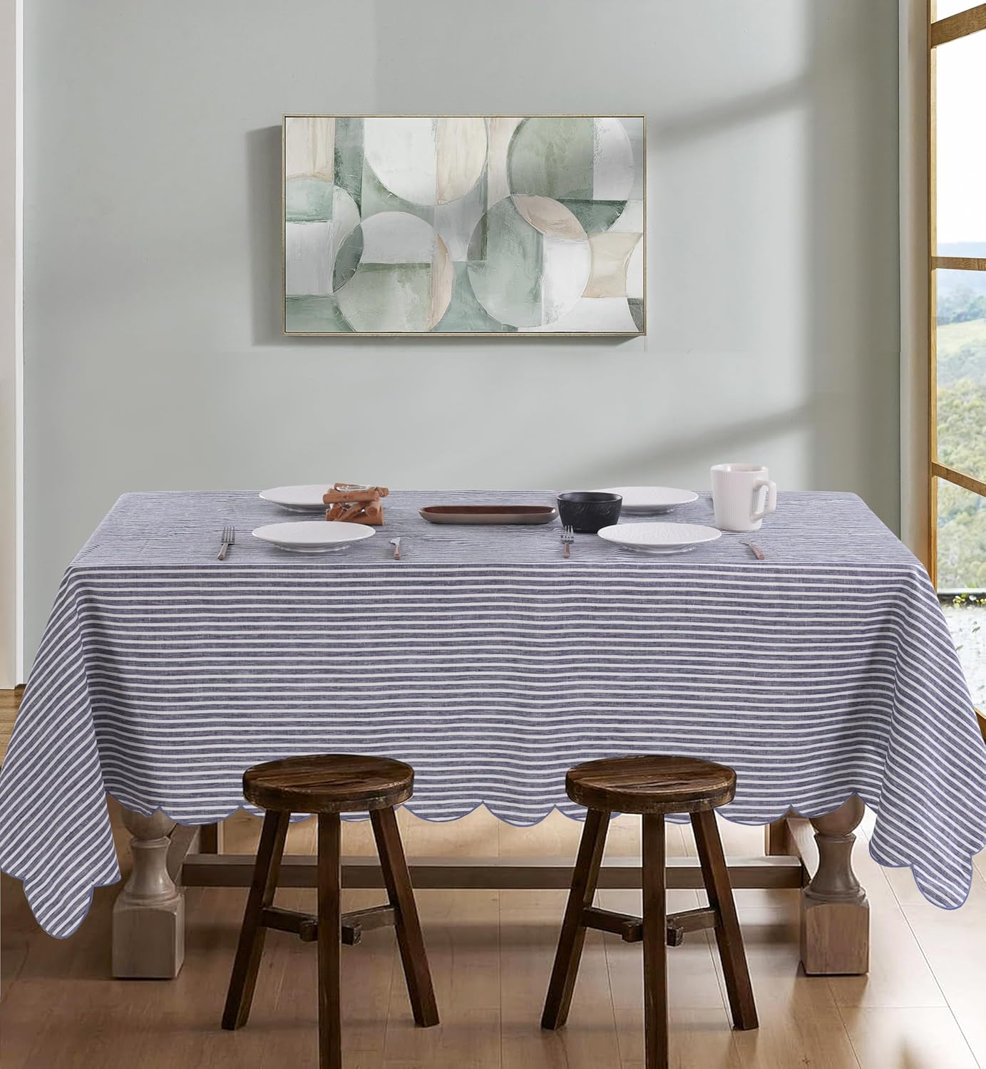 100% French Flax Linen Tablecloths Scalloped Embroidery Rectangle 108Lx60W Inch for Dinners, Parties, Spring, Machine Washable, 8-10 Sets, Blue Stripe(Edges-Blue)