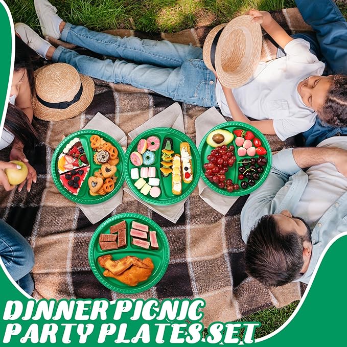 50 Pcs 10 Inch Plastic 3 Compartment Divided Plates Heavy Disposable Plates Duty Round Dinner Plates with Dividers for Wedding Birthday Party Dinnerware(Green)