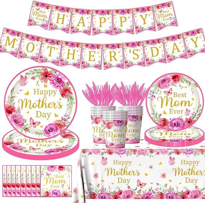 Mothers Day Decorations for Party,170Pcs Mother's Day Tableware Includes Happy Mothers Day Plates and Napkins,Tablecloth,Cups,Forks, Knives,Banner,Best Mom Ever Decoration,Sever 24