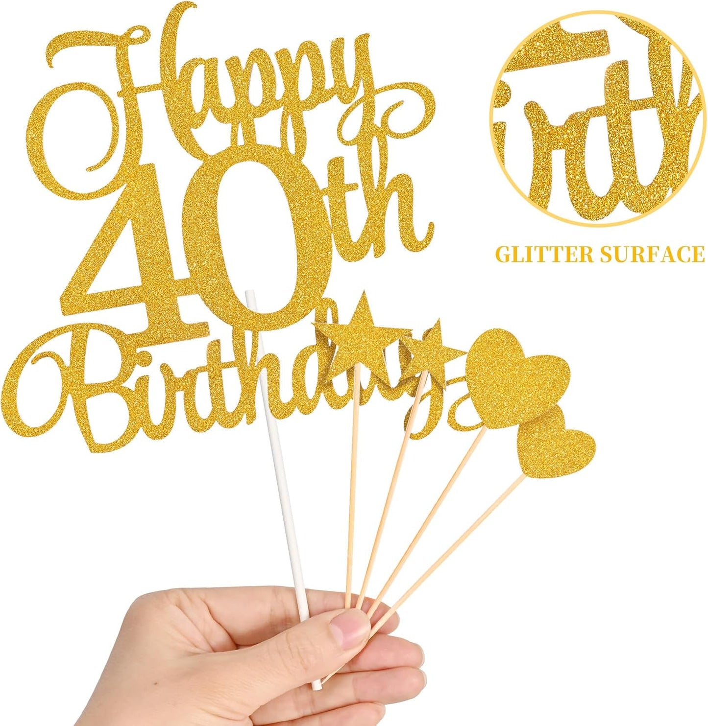 40th Birthday Cake Decorations, 40th Birthday Candles Cake Numeral Candles and Glitter Happy 40th Birthday Cake Toppers Set for Birthday Party Supplies (Gold)