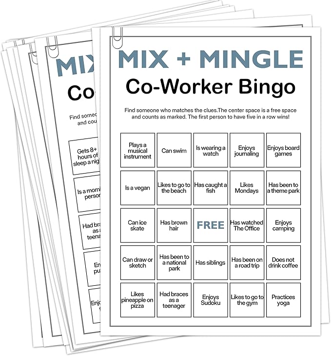 Sahjzk Office Bingo Cards, 25 Unique Randomized 5x7 Sheets, Get to Know You Bingo Game for Adults, Ice Breaker Office Party Games, Team Building Games for Work, High Replay Value - B002