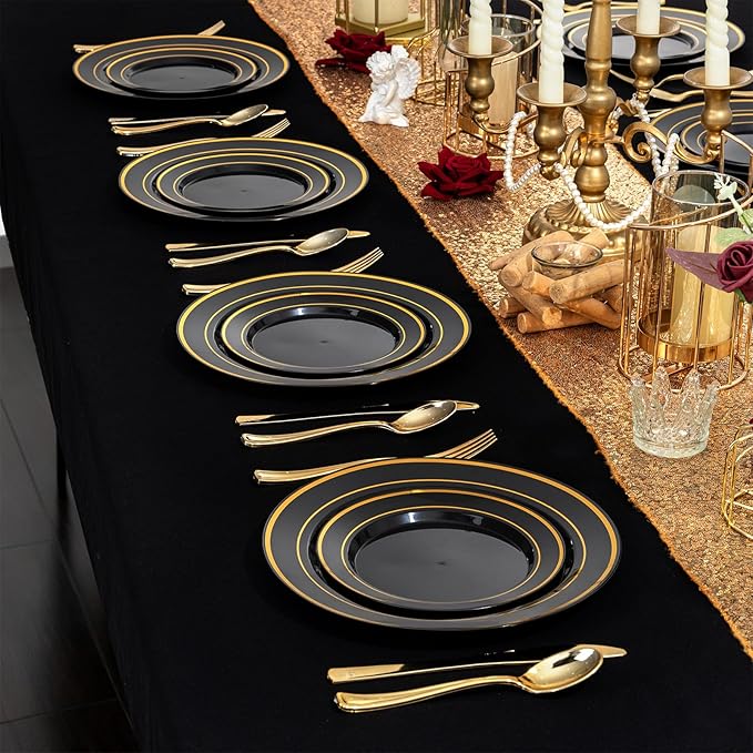 100PCS Black Plastic Plates, 10 Inch Disposable Dinner Plate Party with Gold Rim, Heavy Duty Disposable Plastic Plates for Party, Wedding and Birthday