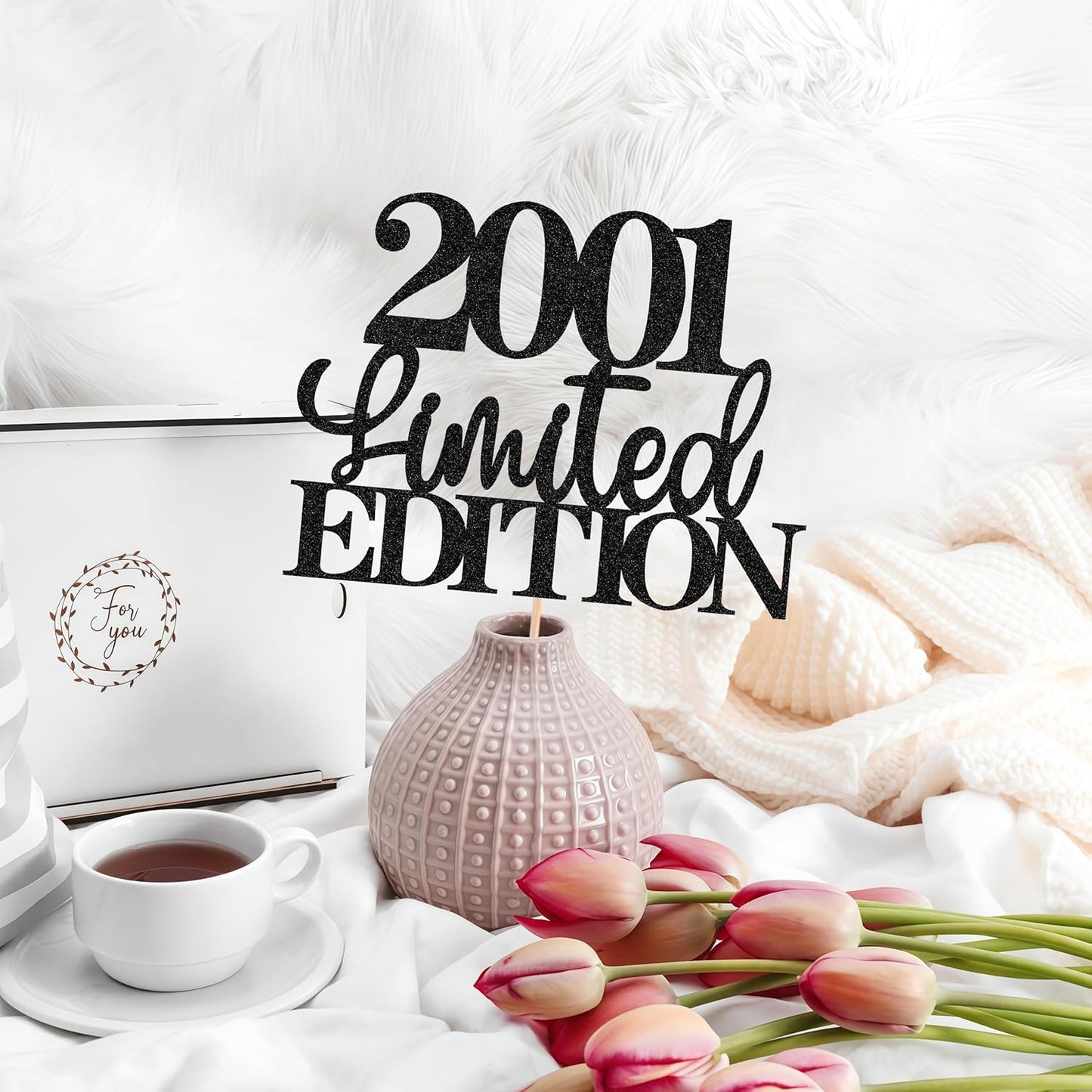 Limited EDITION 2001 Cake Topper - Black Glitter Happy 24th Birthday Party Cake Decoration Supplies, Cheer to 24 Years Cake Bunting Decor for 24th Birthday Party Photo Booth Props